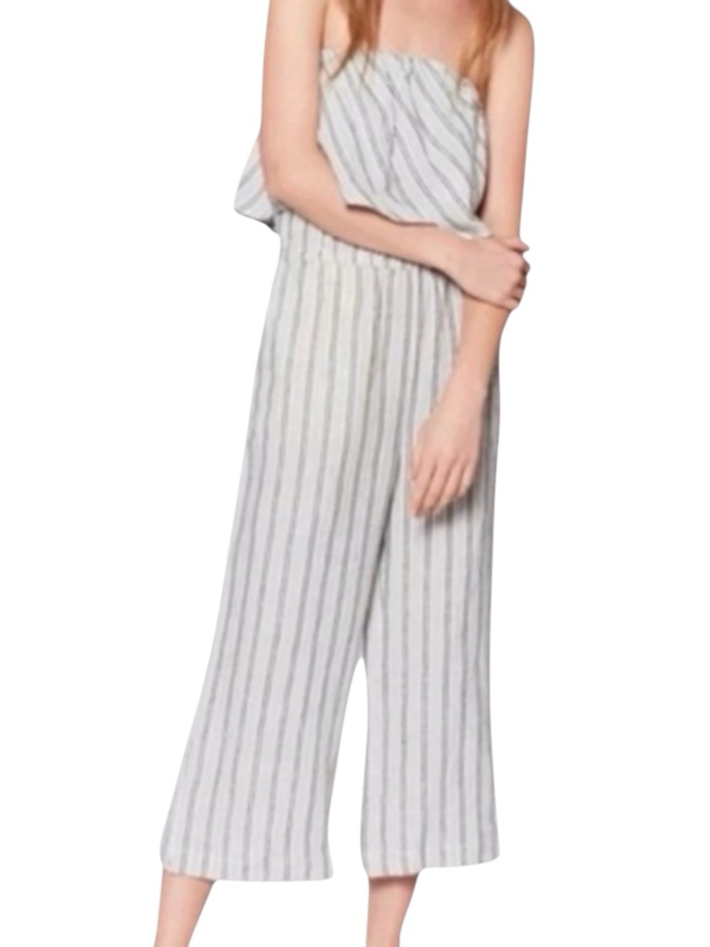 JOIE Brogan Linen Striped Strapless Wide Leg Jumpsuit in Green/Ivory Size Small - Picture 1 of 12